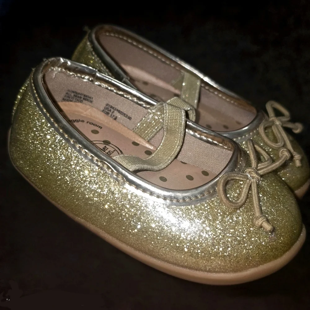 Wonder Nation Gold Glitter Bow Ballet Flats Size 2 Baby Girls
